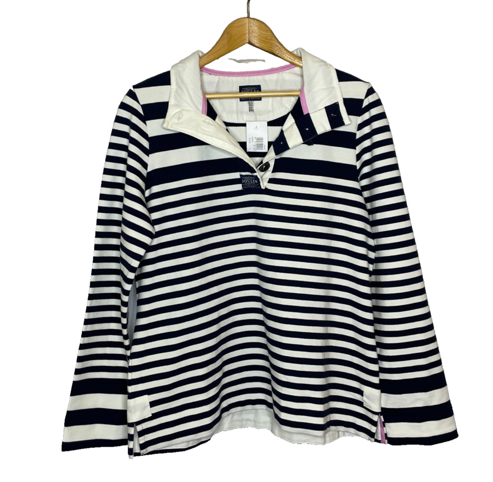 Women's US 12 Joules Cowdray Navy Blue Stripe Cotton Polo Shirt